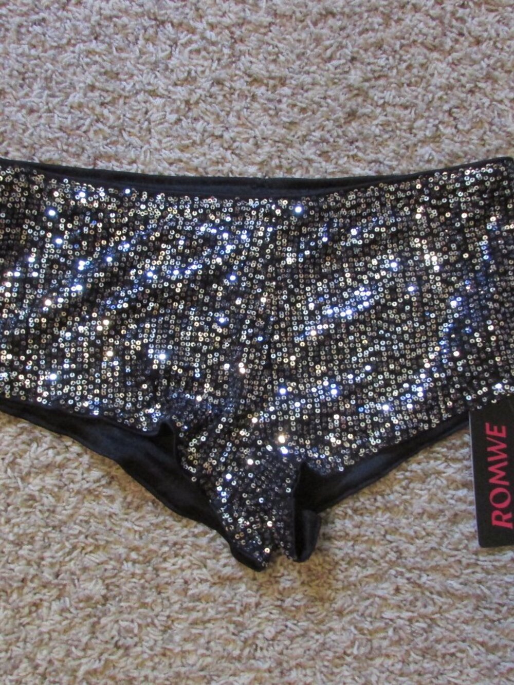 NWT Romwe Large Black Silver Full Sequin Mini Pull On Shorts Bikini Style